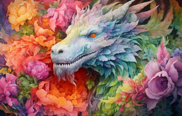 Взгляд, морда, цветы, дракон, рисунок, графика, портрет, орнамент