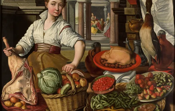 Картинка масло, картина, Иоахим Бейкелар, Joachim Beuckelaer, Кухня на фоне Иисуса с Марфой и Марией, 1569