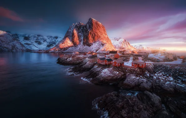 Картинка зима, море, свет, снег, горы, скалы, остров, Норвегия