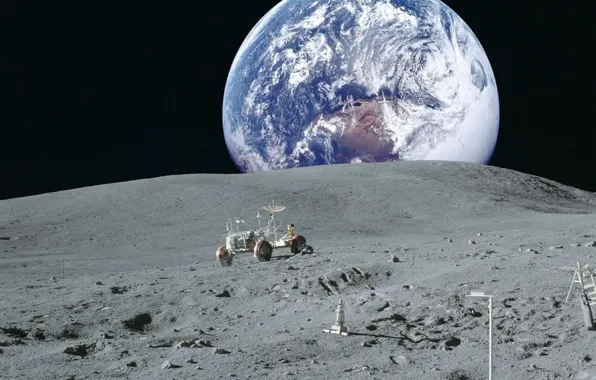 Картинка космос, земля, обои, луна, планета, NASA, лунный автомобиль, вид земли с луны