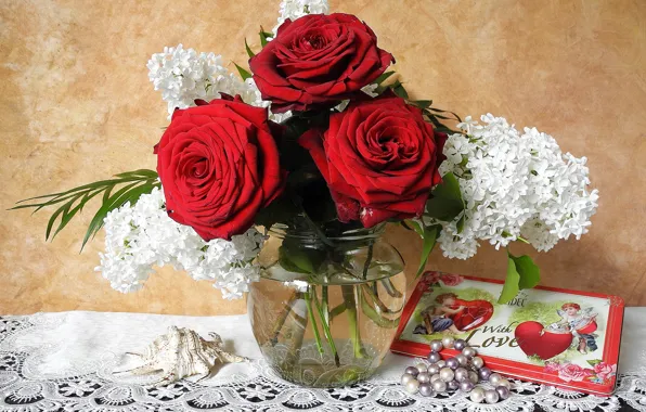 Украшения, розы, ракушка, красные, бусы, Roses, сирень, Lilac