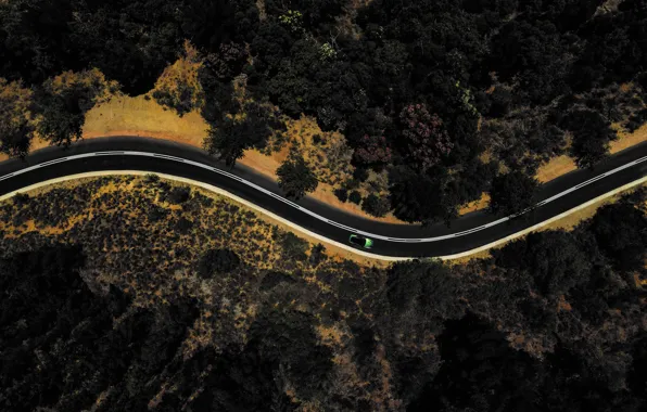 Дорога, растительность, автомобиль, вид сверху, Aston Martin DB12