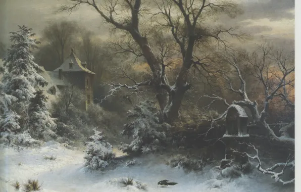 Картинка зима, снег, SOPHUS JACOBSEN, Закат в лесу