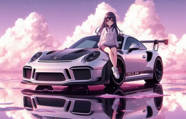 Porsche, Girl, Clouds, Anime, Porsche 911, Anime Girl, AI Art, AI Generated