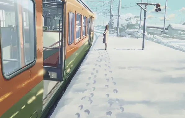 Картинка зима, девушка, снег, следы, поезд, перрон, byousoku 5 centimetre