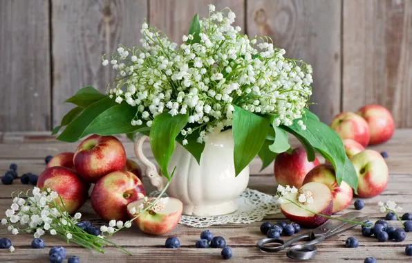 Картинка цветы, черника, персики, ландыши, flowers, peach, blueberry, lilies of the valley