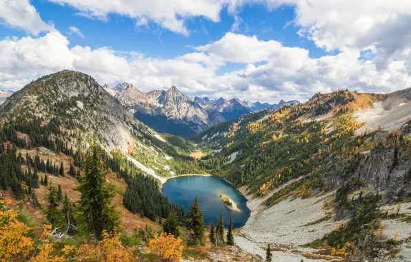 Картинка небо, деревья, пейзаж, горы, красота, склон, водоем