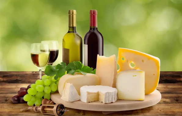 Вино, сыр, виноград, бутылки