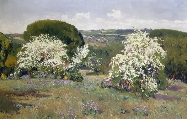 Картинка деревья, пейзаж, цветы, холмы, картина, весна, кусты, Aureliano de Beruete y Moret