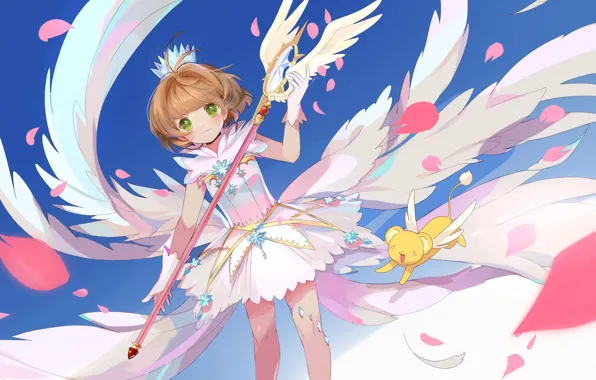 Крылья, аниме, Девочка, Card Captor Sakura, Лепестки сакуры