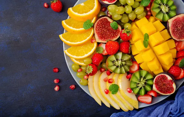 Картинка ягоды, апельсин, colorful, киви, клубника, виноград, summer, фрукты