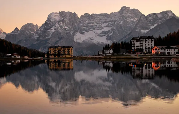 Горы, город, озеро, Italy, Veneto, Misurina Lake, Auronzo Di Cadore