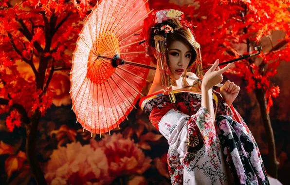 Картинка модель, зонт, Япония, костюм
