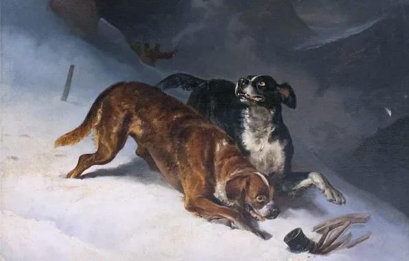 Зима, Горы, Снег, Люди, Картина, Собаки, Немецкий художник, Собаки с поисковой группой