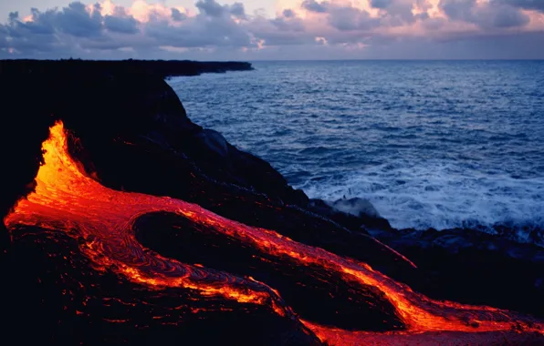 Fire, rock, sea, sunset, Lava, magma