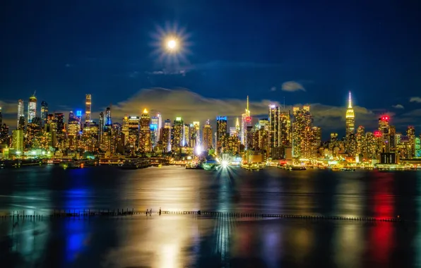 Река, здания, Нью-Йорк, ночной город, Манхэттен, небоскрёбы, Manhattan, New York City