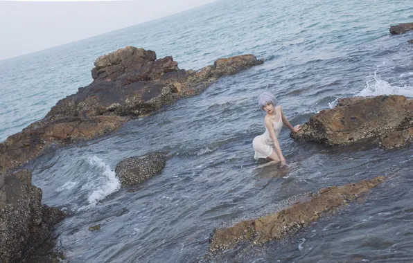 Rock, Beautiful, Asian, Model, Water, Woman, Ocean, Sea