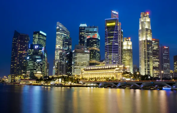 Небо, ночь, огни, отражение, небоскребы, подсветка, залив, Сингапур