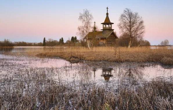 Осень, отражение, берег, весна, церковь, храм, Россия, водоем