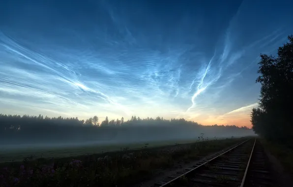 Картинка поле, пейзаж, туман, утро, железная дорога