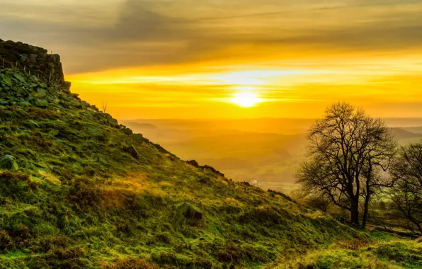 Солнце, закат, горы, долина, Шотландия, hdr