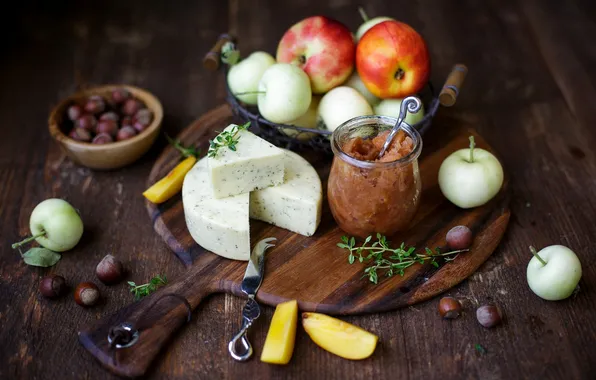 Картинка яблоки, еда, сыр, фрукты, орехи, варенье, лесные, баночка