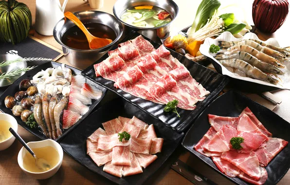 Картинка суп, мясо, соус, креветки, морепродукты, японская кухня, блюда, ассорти