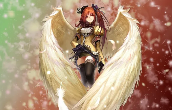 Сияние, Девушка, крылья, ангел, перья, рыжая