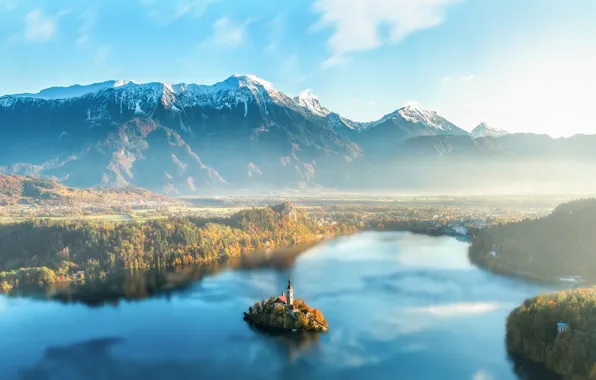 Горы, озеро, дымка, Словения, Lake Bled, Slovenia