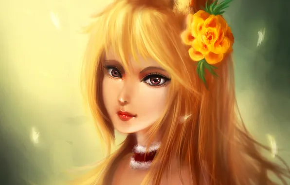 Картинка цветок, девушка, арт, лисичка, ушки, Kokoro