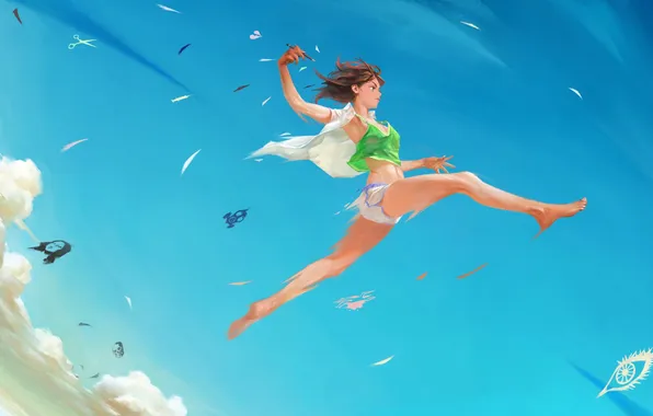 Картинка небо, девушка, прыжок, карандаш, art, nababa
