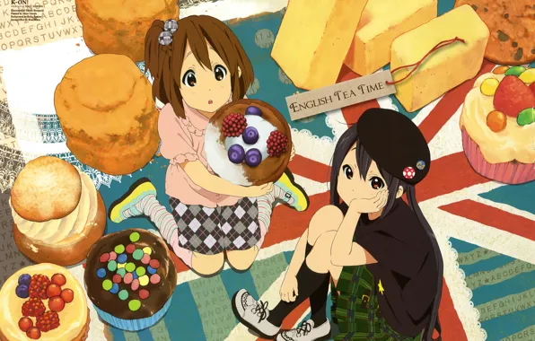 Ягоды, сладости, берет, подруги, эклеры, K-on!, Azusa Nakano, Yui Hirasawa