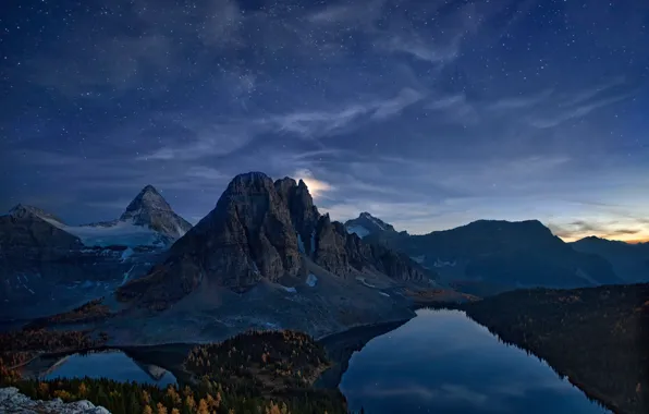 Осень, небо, звезды, горы, ночь, скалы, Канада, озёра