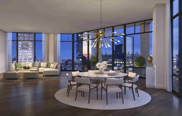 Интерьер, мегаполис, NYC, гостиная, столовая