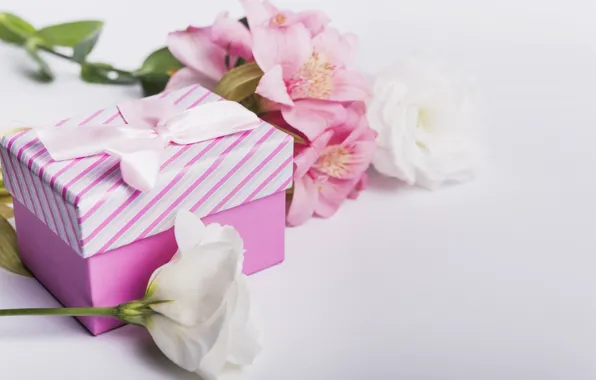 Цветы, подарок, лилии, лента, розовые, white, белые, pink
