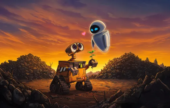 Цветок, мультфильм, роботы, арт, EVE, WALL·E, ВАЛЛ·И