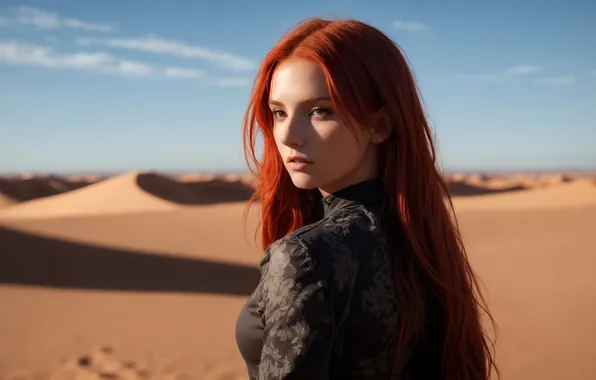 Girl, fantasy, red hair, desert, art, sands, digital art, fantasy art
