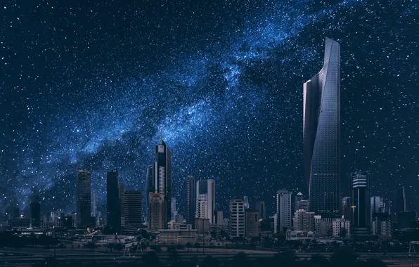 Здания, ночной город, звёздное небо, Kuwait City, Кувейт, Kuwait