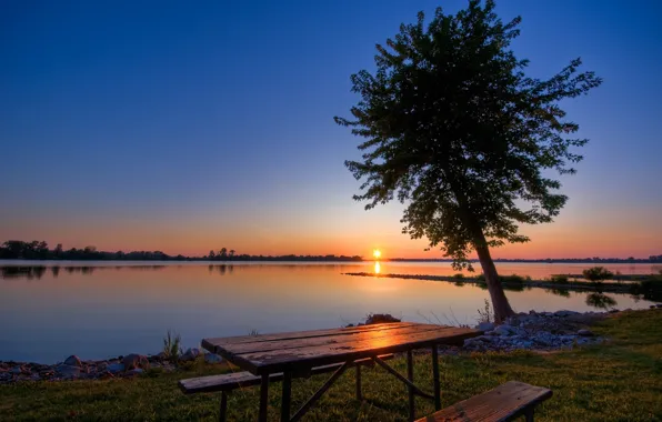 Картинка закат, стол, дерево, Озеро