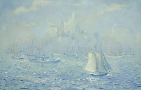 Картинка лодка, картина, Нью-Йорк, парус, морской пейзаж, Theodore Earl Butler, New York Harbor