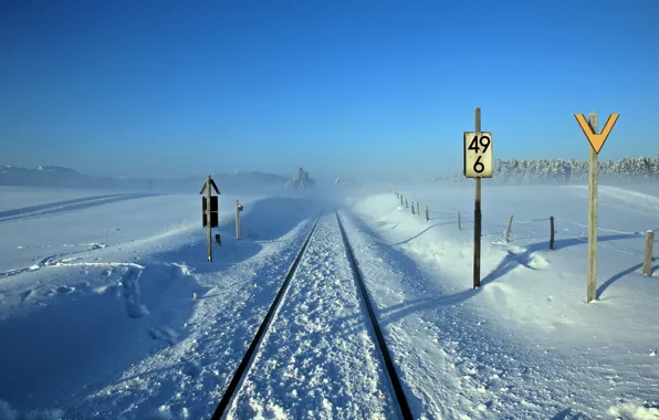 Картинка зима, пейзаж, знаки, железная дорога