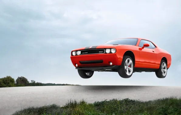 Картинка Авто, Машина, Скорость, Оранжевый, Dodge, SRT8, Challenger, в воздухе