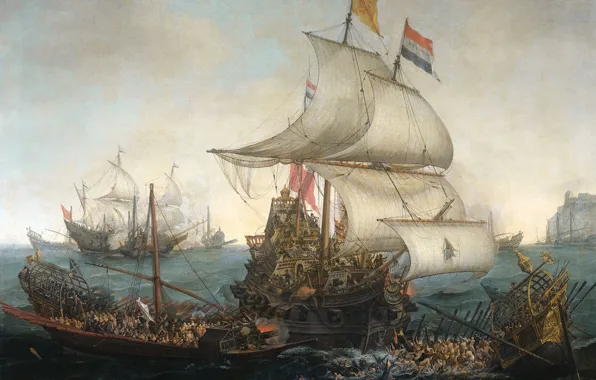 Картинка масло, картина, холст, морской пейзаж, Корнелис Вром, Голландские Парусники и Испанские Галеры