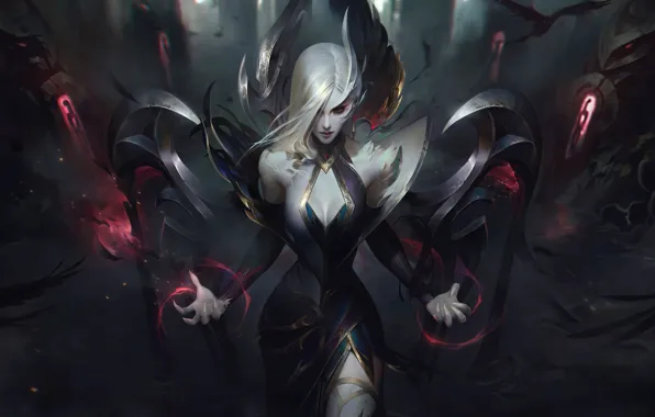 Dark, girl, fantasy, game, magic, cleavage, red eyes, League of Legends