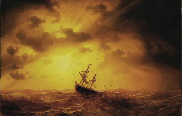 Картинка море, корабль, картина, Storm på havet, marcus larson, 1857