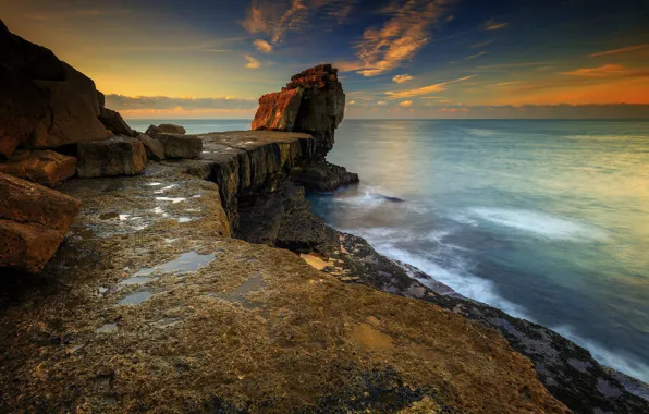 Море, восход, скалы, побережье, Portland, Pulpitt Rock