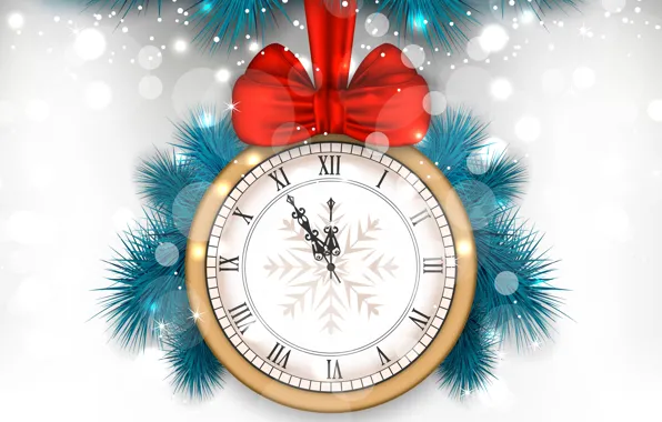 Ветки, красный, блики, праздник, часы, вектор, белый фон, Новый год