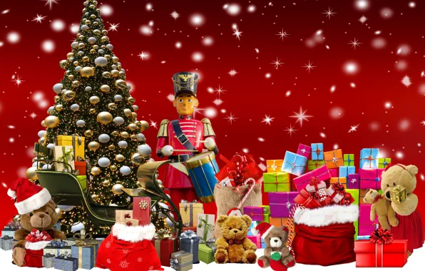 Рождество, Новый год, Подарки, Мишки, Красный фон, Рождественские подарки для детей, Рождественская ёлка