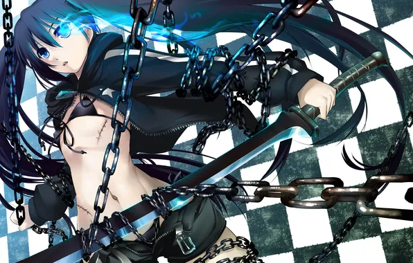 Оружие, меч, катана, цепи, black rock shooter, шрам, mato kuroi