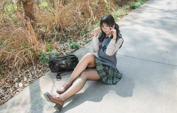 Beautiful, Asian, Model, Woman, Glasses, Pretty, Outdoor, Uniform
